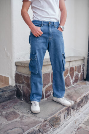 Pantalon jean cargo celeste